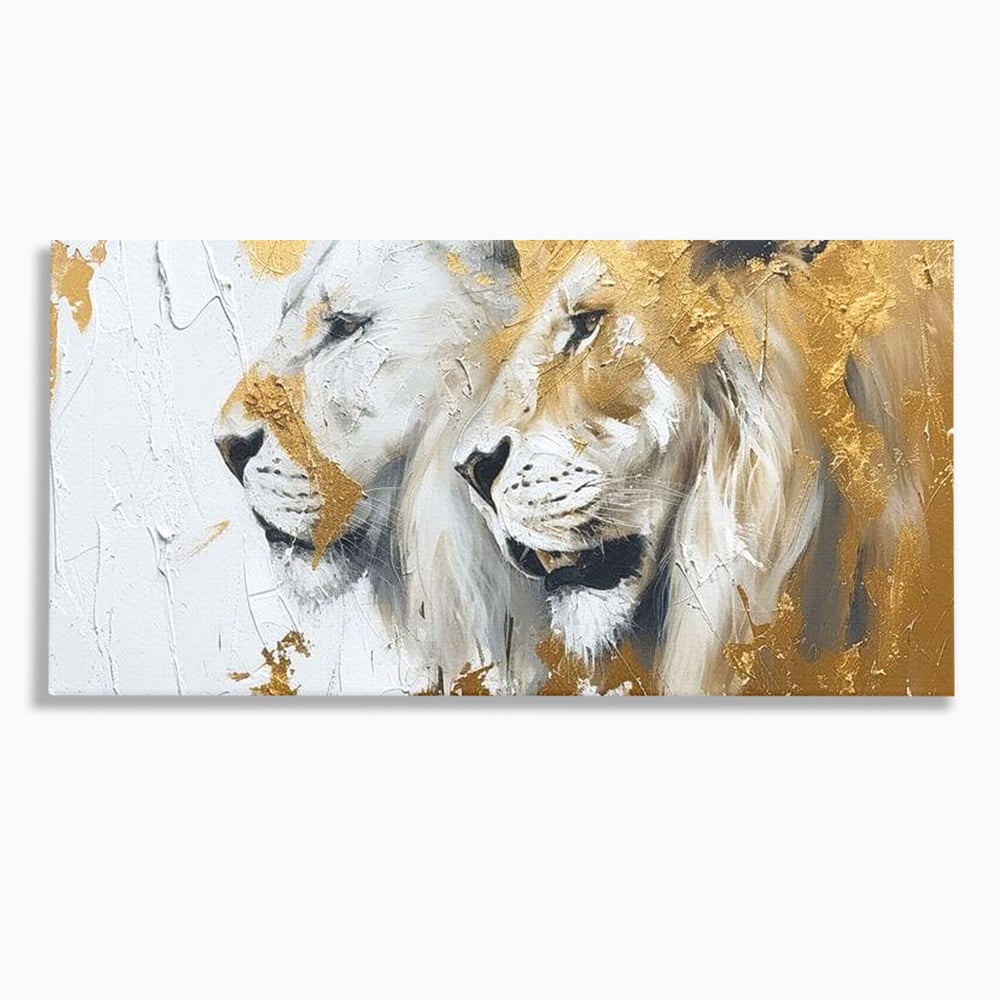 Tablou canvas cu tablou canvas cu doi lei si accente aurii, fara rama, pe sasiu de lemn